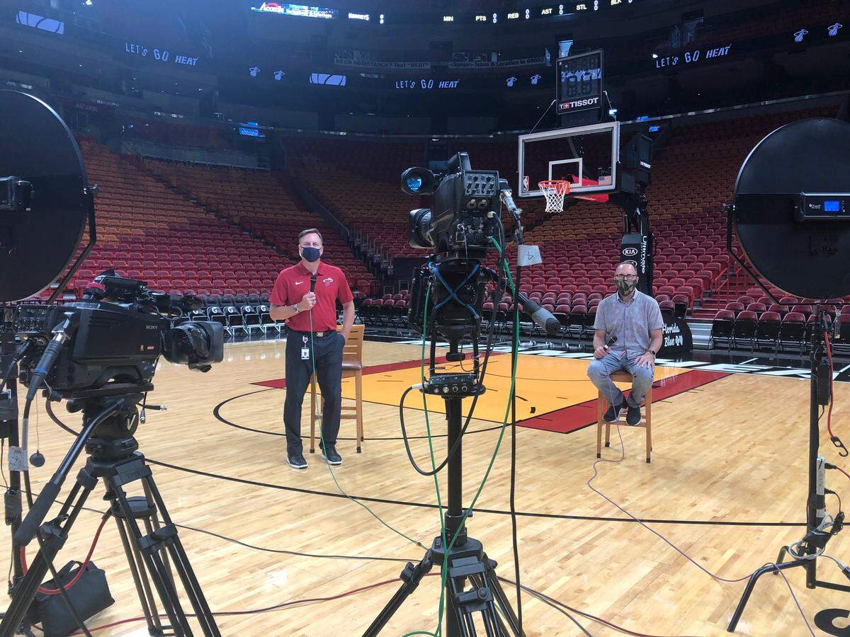 Miami Heat television play-by-play announcer Eric Reid and color analyst John Crotty during preparation for Fox Sports Sun broadcasts amid the COVID-19 pandemic.