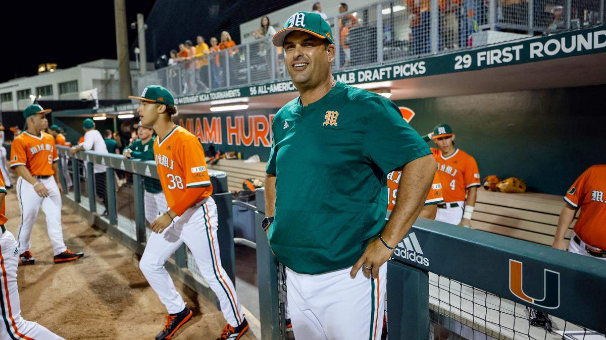 Miami Hurricanes head coach J.D. Arteaga on the field before the game against Niagara University at Alex Rodriguez Park at Mark Light Field on the University of Miami Campus in Coral Gables, Florida on Friday, February 14, 2025.