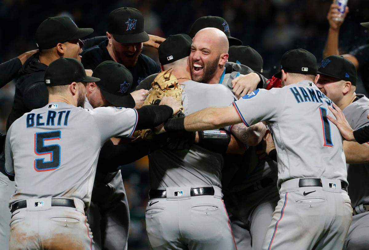 Sep 30, 2023; Pittsburgh, Pennsylvania, USA; The Miami Marlins celebrtae on the field after defeating the Pittsburgh Pirates at PNC Park to secure a berth in the 2023 MLB playoffs.