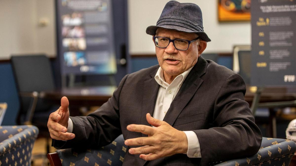 Mark B. Rosenberg, president of Florida International University, talks to Miami Herald reporter Jimena Tavel in his office at the FIU Modesto A. Maidique Campus in Miami on Tuesday, Dec. 14, 2021.