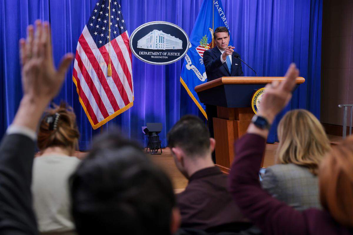 Deputy Attorney General Todd Blanche speaks at a news conference to announce an update on the Epstein files at the Department of Justice on Jan. 30, 2026 in Washington, DC. 