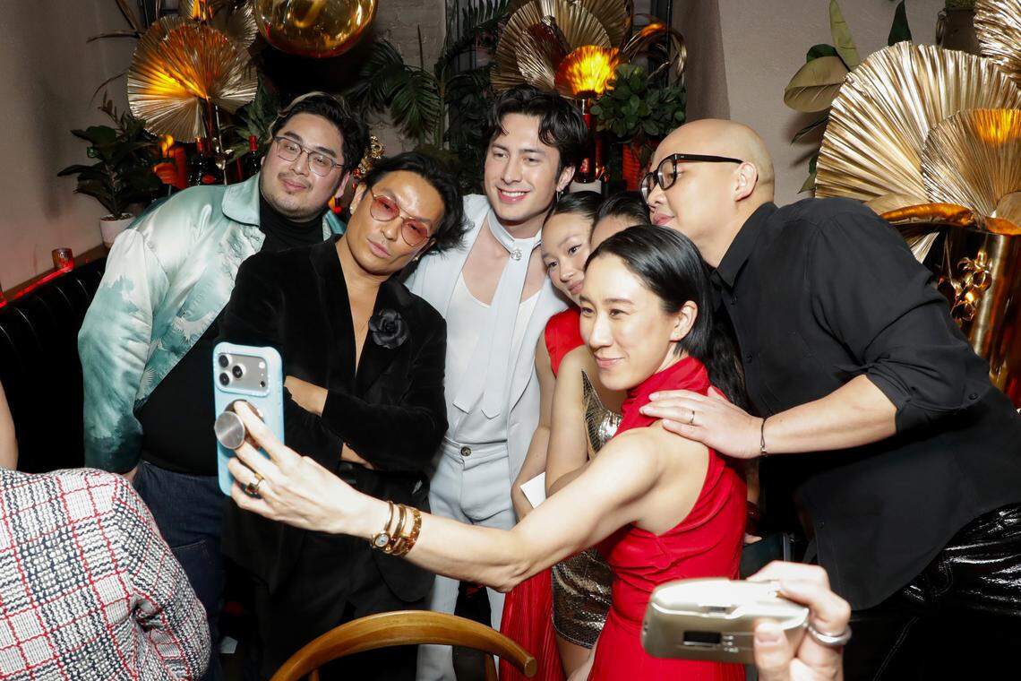 NEW YORK, NEW YORK - FEBRUARY 12: (L-R) Bach Mai, Prabal Gurung, Hudson Williams, Yerin Ha, Eva Chen and Daniel Martin attend Gold House's Lunar New Year Gold Celebration at Chinese Tuxedo on February 12, 2026 in New York City. (Photo by Astrid Stawiarz/Getty Images for Gold House)