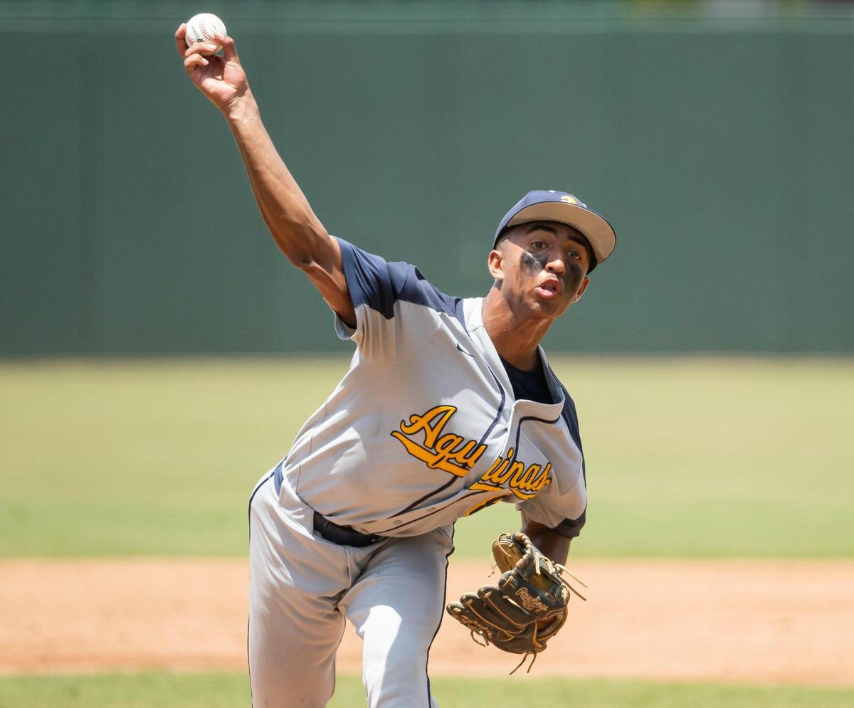 St. Thomas Aquinas Raiders starting pitcher Jonathan Lopez (8) pitches against the Buchholz Bobcats in the first inning of their Class 6A state baseball championship game at Hammond Stadium on Saturday, May 17, 2025, in Fort Myers, Fla.