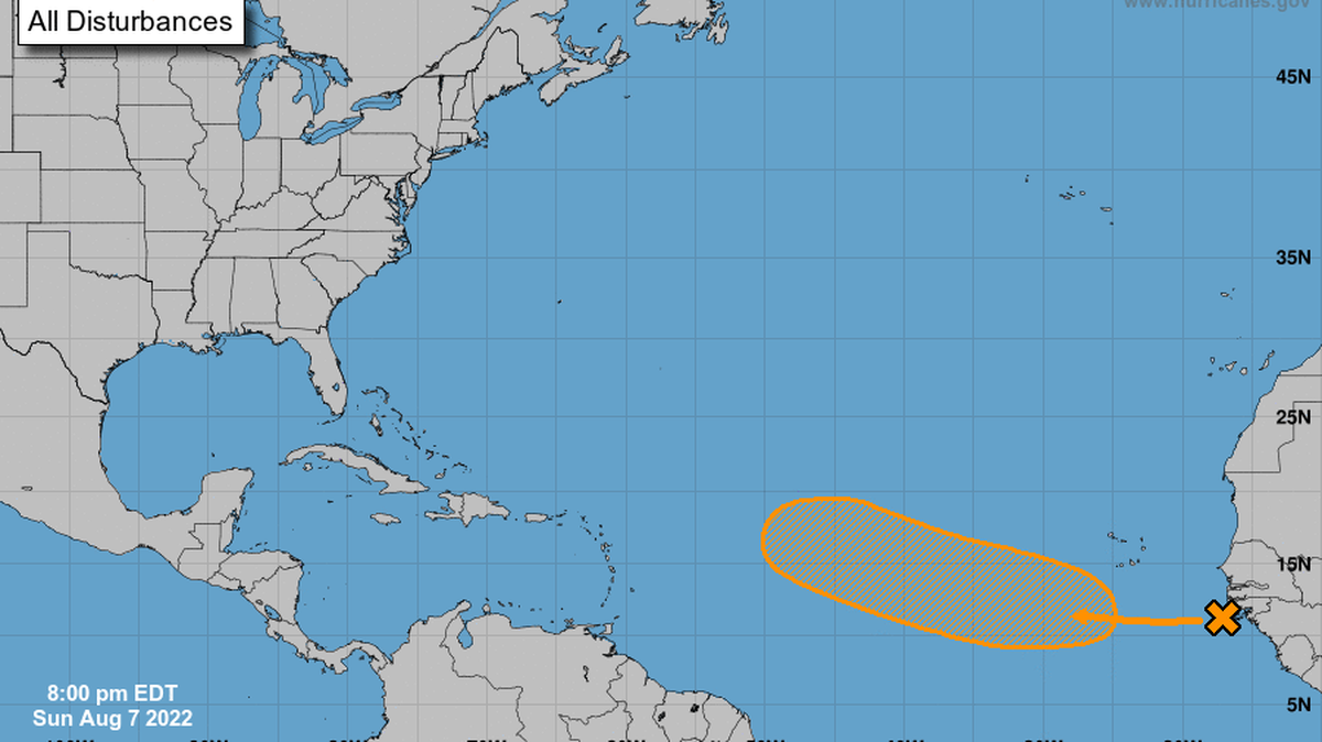 The National Hurricane Center’s 8 p.m. Sunday, Aug. 7, 2022, Atlantic tropics map notes a disturbance emerging off Africa’s coast that has a 40% chance of development over five days.