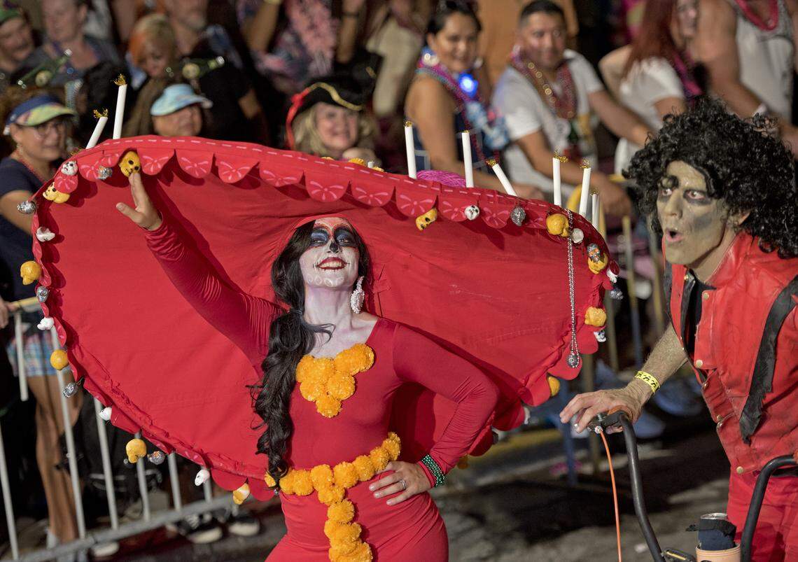 Costumed revelers proceed up Duval Street during the Fantasy Fest Parade Saturday, Oct. 26, 2019, in Key West, Fla. The extravaganza of floats and costumed marching groups was the highlight event of the 10-day Fantasy Fest costuming and masking festival that ends Sunday, Oct. 27. FOR EDITORIAL USE ONLY (Florida Keys News Bureau)
