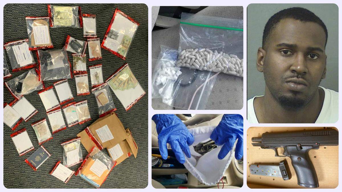 The Delray Beach Police Department released this image of Josh Rodario Russell and some confiscated drugs after Russell was arrested and charged with drug trafficking and possession with intent to sell on Nov. 18, 2019.