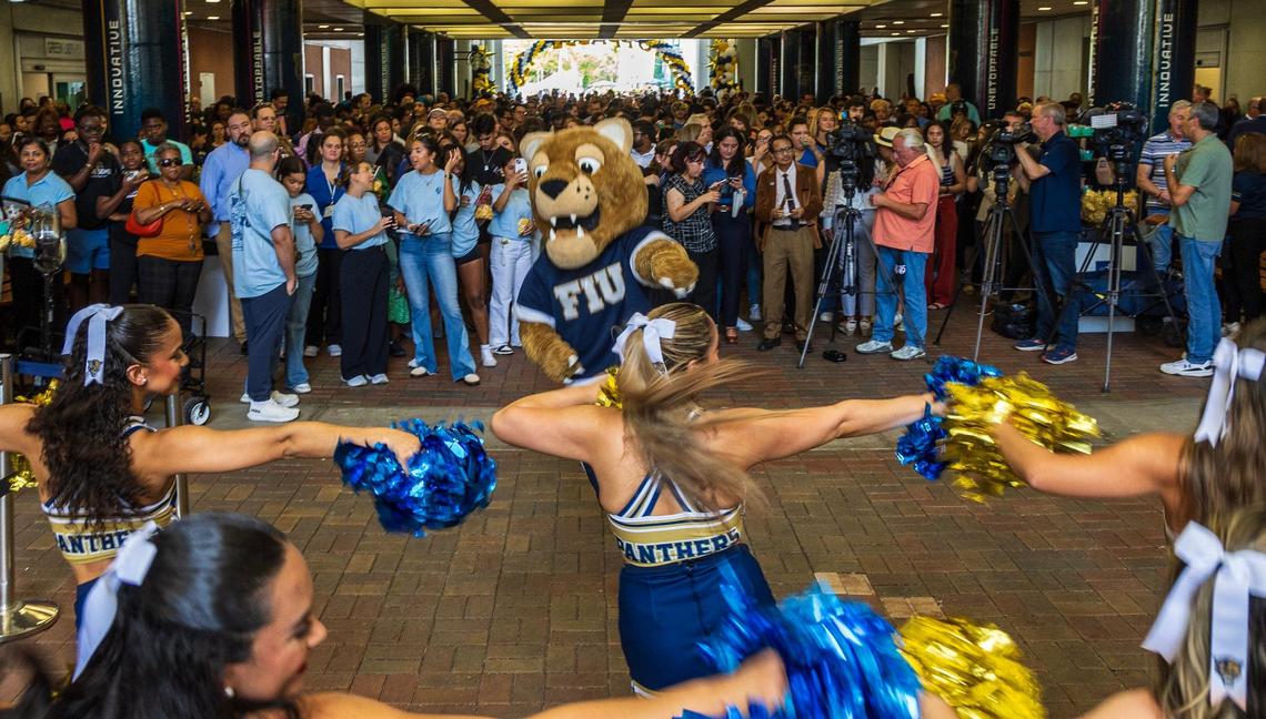 Members of the FIU Cheerleading team and Roary the Panther, performed during a party to celebrate that for the first time, Florida International University has been named into the top 50 public universities on U.S. News & World Report Best Colleges 2025 rankings.