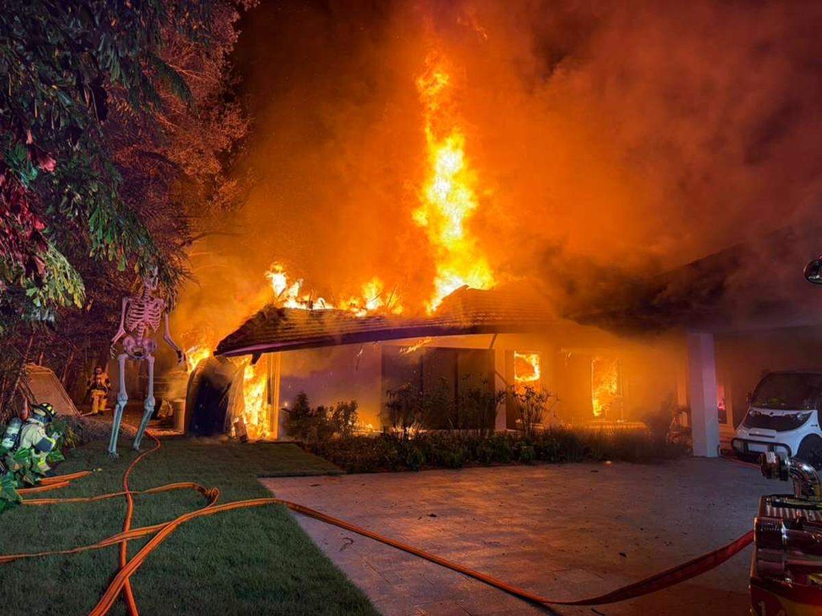 Halloween decor is visible in front of Miami Heat Coach Erik Spoelstra’s home, which burned to cinders early Thursday morning on Nov. 6, 2025.