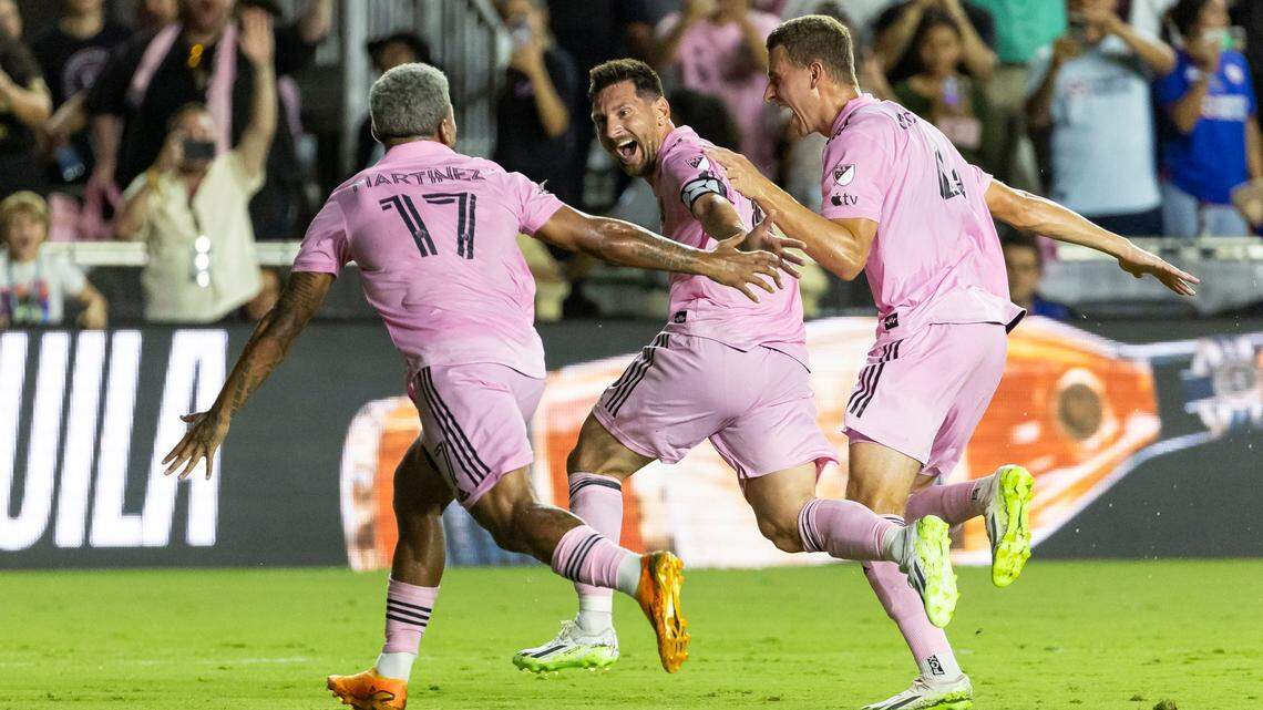 Inter Miami forward Lionel Messi (10) celebrates after scoring a goal against Cruz Azul in the second half of a Leagues Cup group stage match at DRV PNK Stadium on Friday, July 21, 2023, in Fort Lauderdale, Fla.
