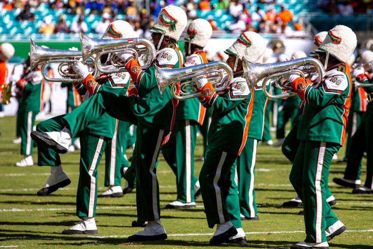The Florida A&M University ‘Marching 100’ perform during half-time of the Orange Blossom Classic against Jackson State University at Hard Rock Stadium in Miami Gardens, Florida, Sunday, September 4, 2022.