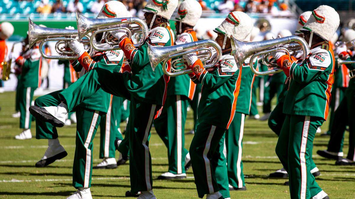 The Florida A&M University ‘Marching 100’ perform during halftime of the Orange Blossom Classic against Jackson State University at Hard Rock Stadium in Miami Gardens, Florida, Sunday, September 4, 2022.