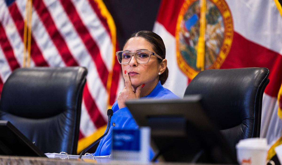 City of Doral Mayor Christi Fraga listens to Councilwoman Maureen Porras during the budget discussions on Tuesday, Sept. 17, 2024, which ended in a recess without an agreement, prompting a rescheduling for Sept. 30.