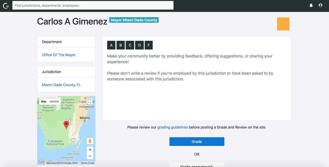 This screenshot shows how the CityGrader website looks. Users can review public employees, departments and even elected officials.