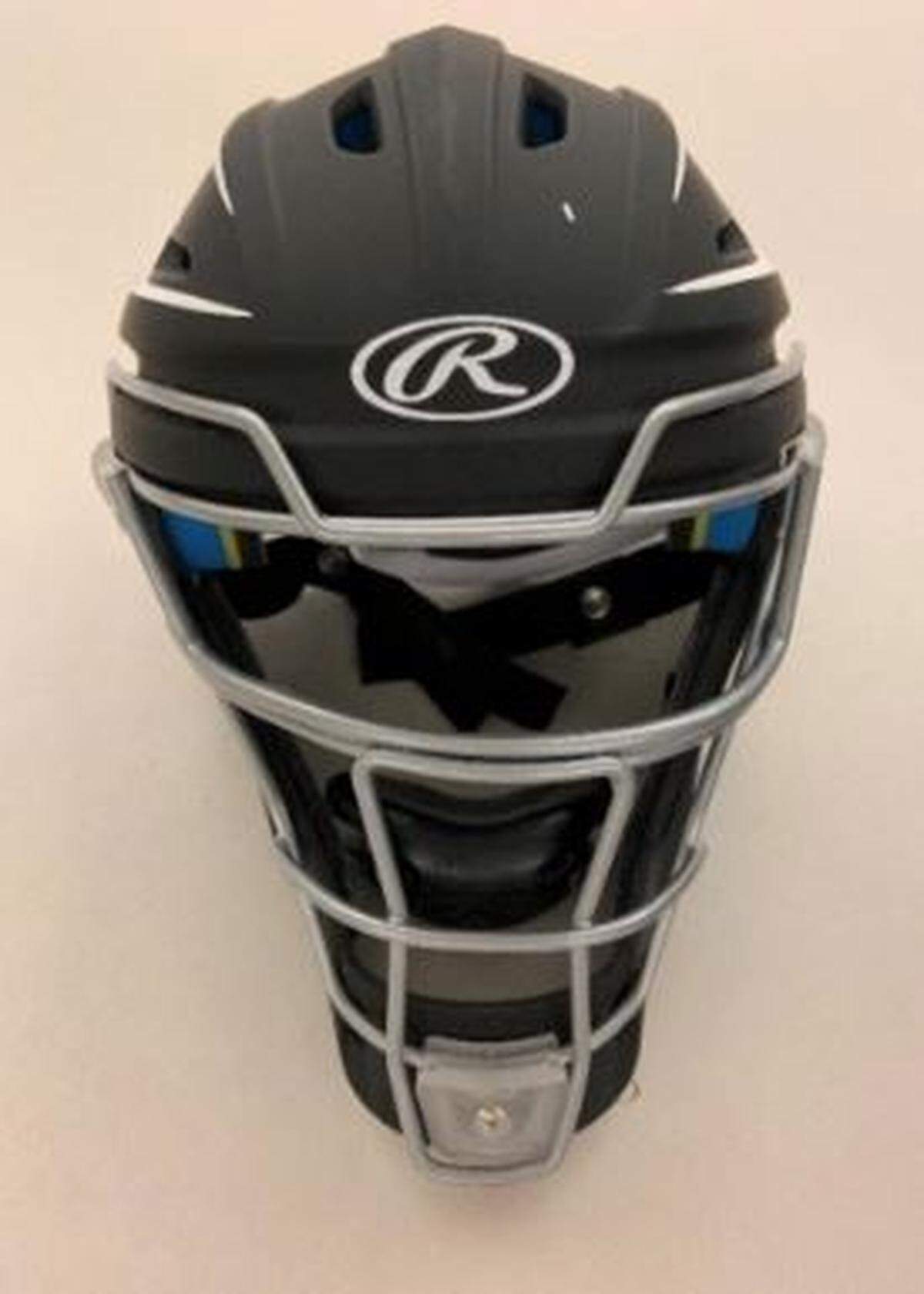 Front view of the black/white color model of the Rawlings CHMACH-SR Senior Catcher’s Helmet