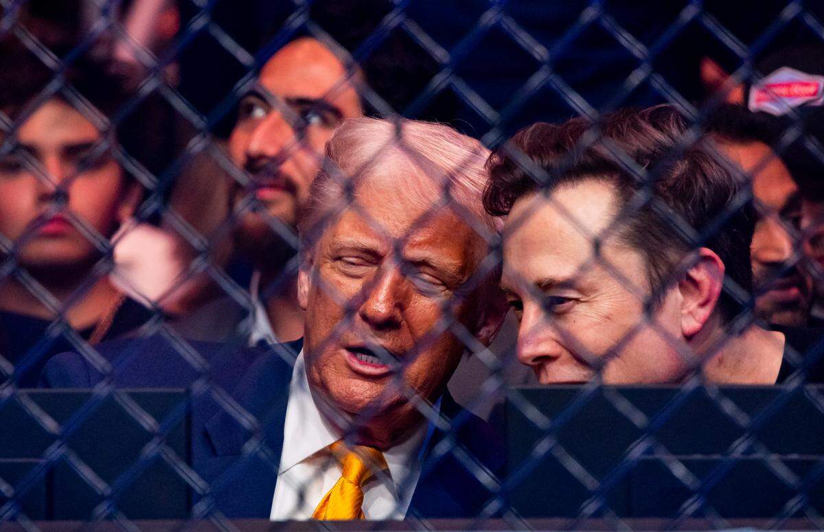President Donald Trump and Elon Musk talk during UFC 314 at the Kaseya Center on Saturday, April 12, 2025, in downtown Miami, Fla.