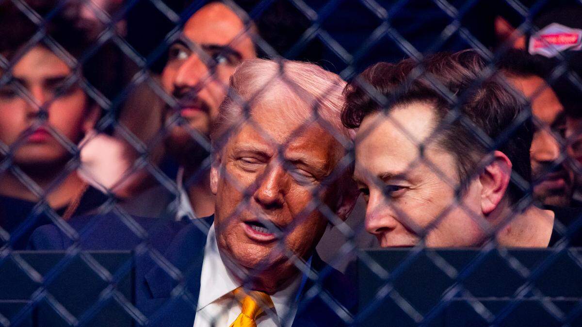 President Donald Trump and Elon Musk talk during UFC 314 at the Kaseya Center on Saturday in downtown Miami.