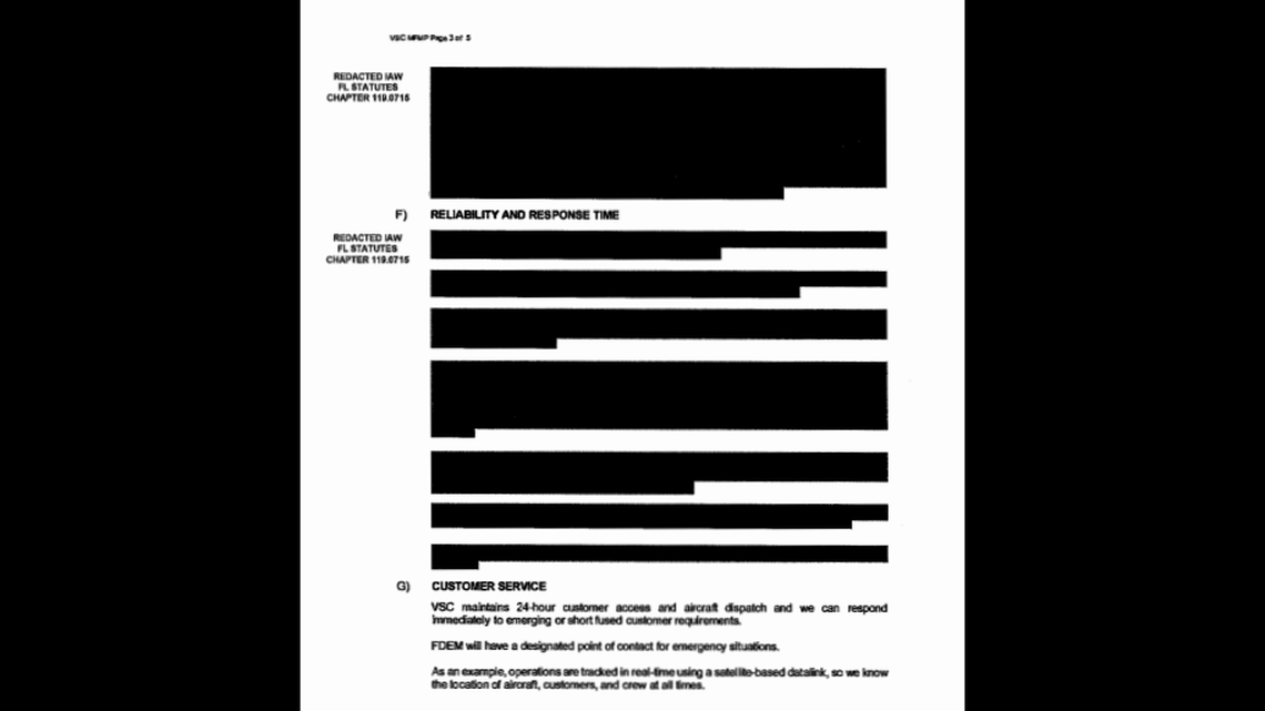 A screenshot of a page from a proposal submitted to the Division of Emergency Management by Vertol Systems Company, which has coordinated migrants state-funded flights to California and Massachusetts. The documents released by DEM in response to a public records request were heavily redacted.