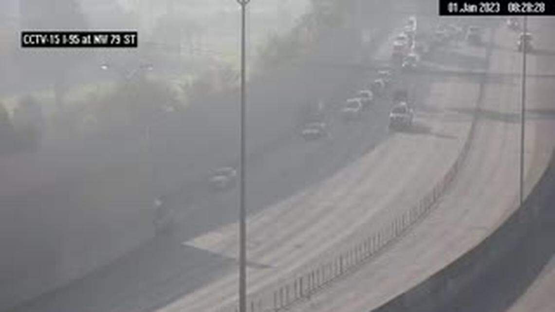 Northbound Interstate 95 traffic is routed off at the Northwest 79th Street/81st Street exit in Miami at 8:28 a.m.