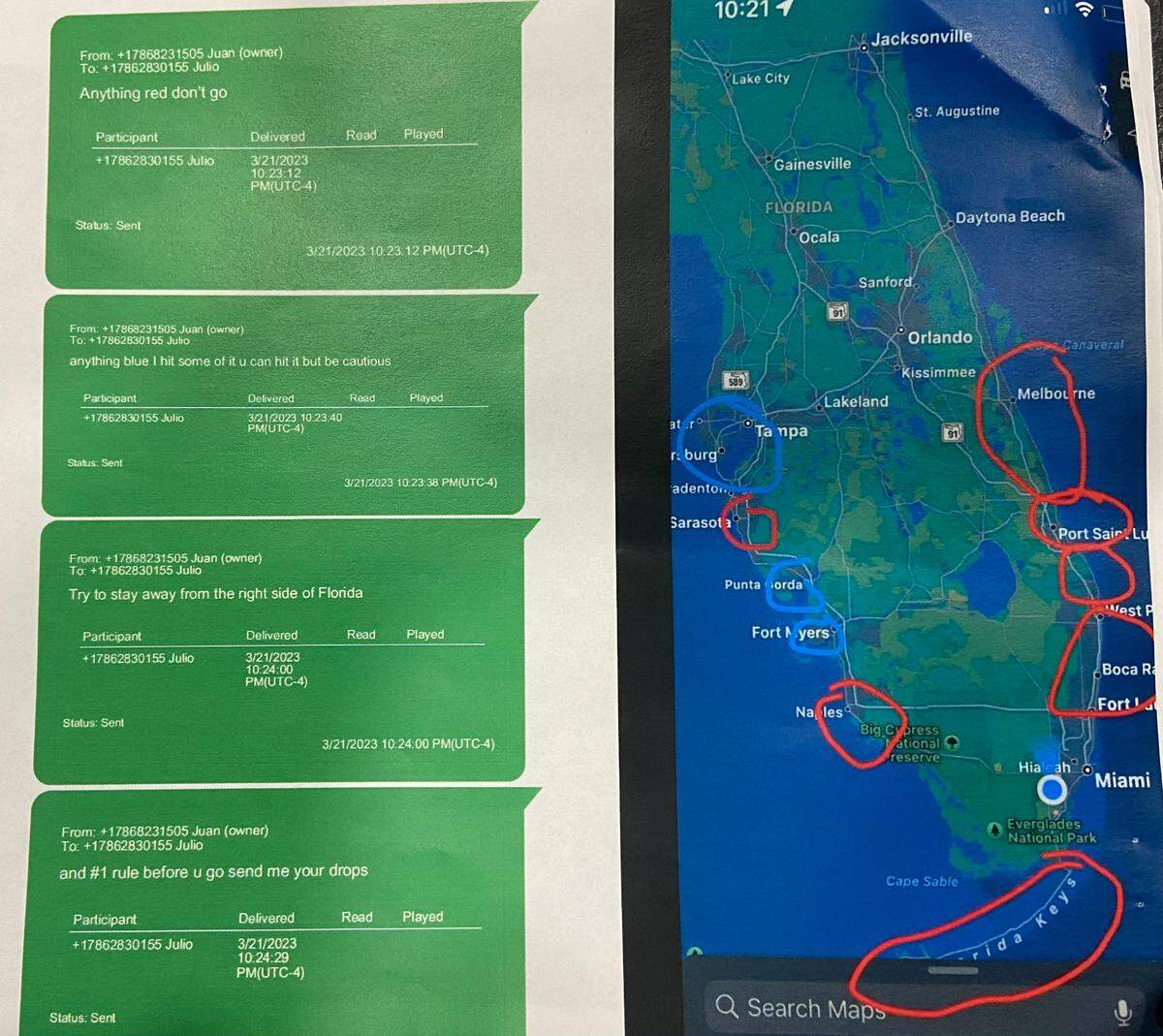A display shows text messages and maps police say show communications between members of a suspected GPS theft ring. Ten people who police say are members of the group were arrested in Miami-Dade County Wednesday, Aug. 23, 2023.