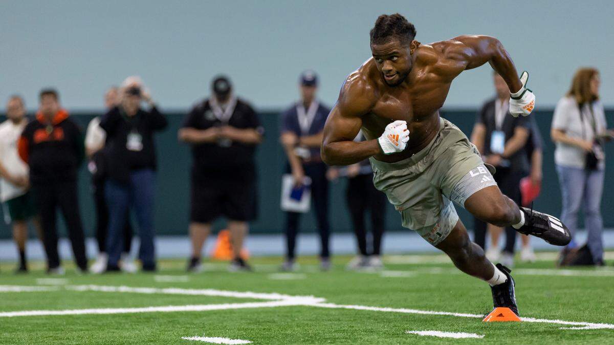 Linebacker Caleb Johnson runs drills during Football Pro Day at the University of Miami’s indoor practice facility on Monday, March 27, 2023 in Coral Gables, Fla.