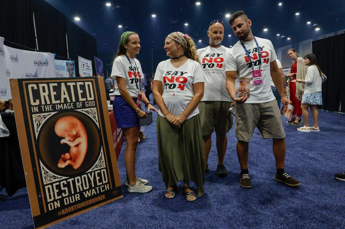Pro-life supporters advocate for a vote of “No” on Amendment 4 on November 5th during the Turning Point Believers Summit at the Palm Beach County Convention Center on Friday, July 26, 2024.