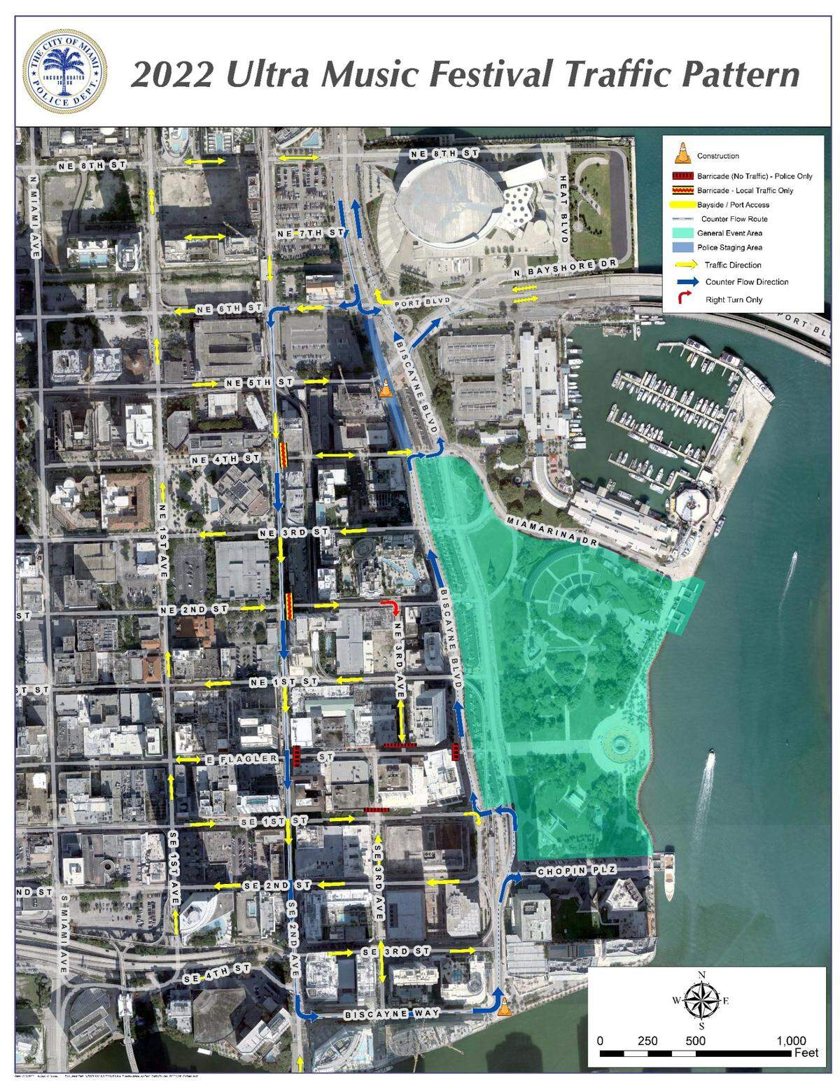 Traffic flow map for March 25-27 in downtown Miami.