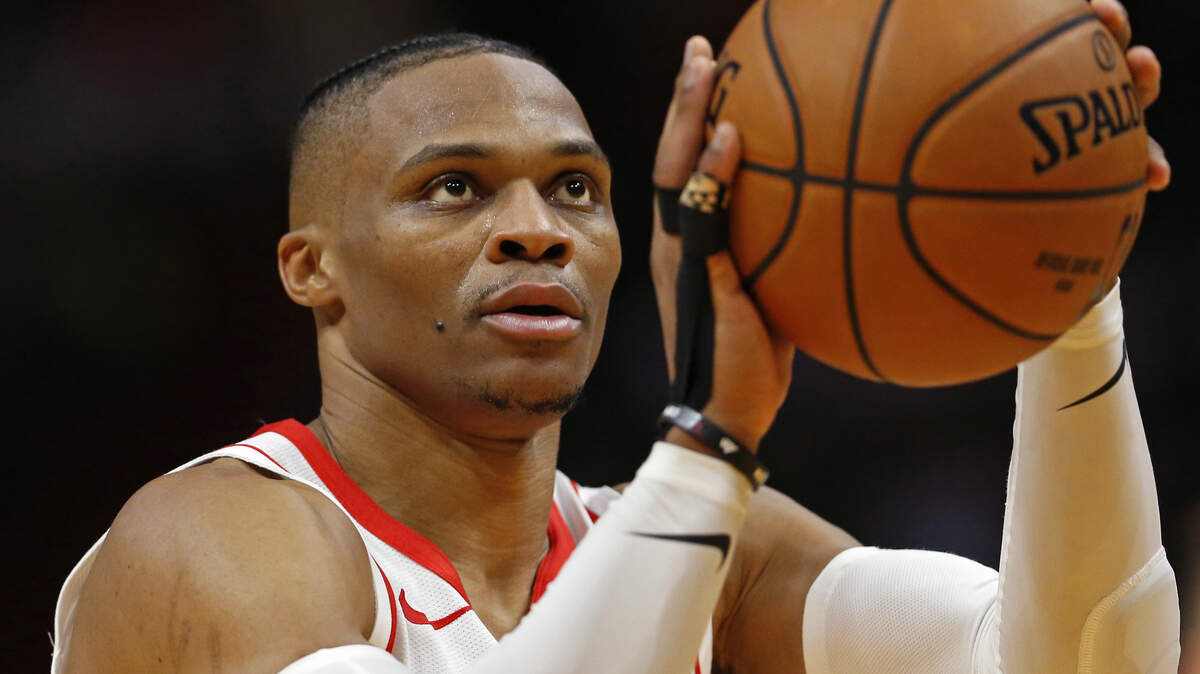 Houston Rockets guard Russell Westbrook (0) at the free throw line in the third quarter of an NBA basketball regular season game against the Miami Heat at the AmericanAirlines Arena on Sunday, November 3, 2019 in Miami.