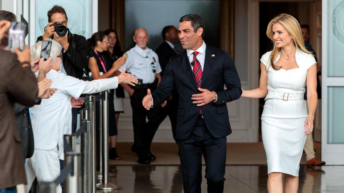 Miami Mayor Francis Suarez greets supporters with his wife Gloria before his first speech as a candidate for the 2024 Republican presidential nomination at the Ronald Reagan Presidential Library in Simi Valley, California on Thursday, June 15, 2023.