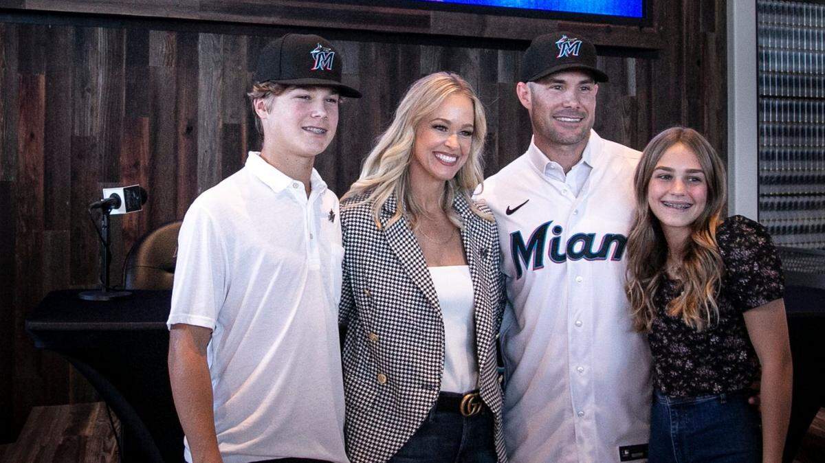 The Schumaker family poses for a photo, son Brody, wife Lindsey, Skip Schumaker and daughter Presley at Skip Schumaker’s introductory press conference on Nov. 3, 2022.