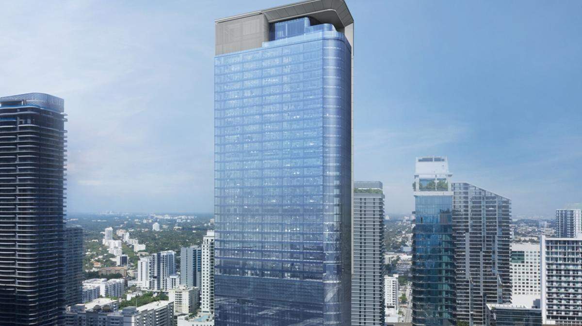 An artistic rendering shows Miami’s new 830 Brickell officer tower, designed by Chicago’s Adrian Smith + Gordon Gill Architecture.