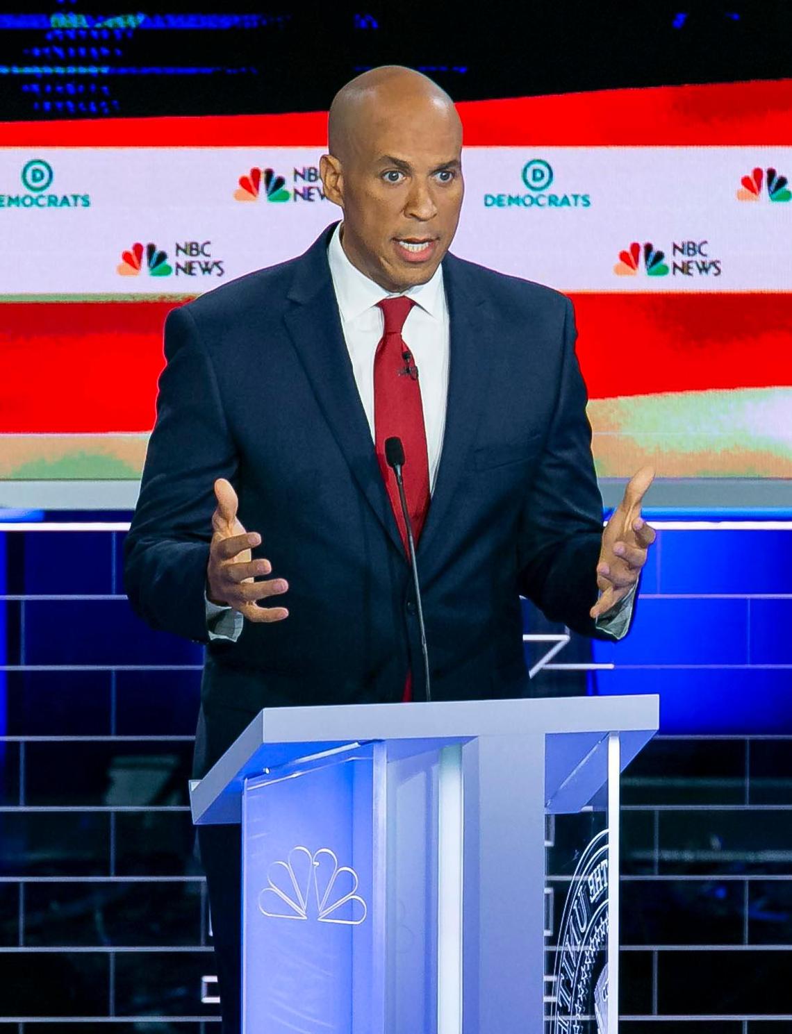 Democratic presidential candidate Sen. Cory Booker (D-New Jersey) speaks during the first primary debate for the 2020 elections at the Adrienne Arsht Center for the Performing Arts in downtown Miami on Wednesday.