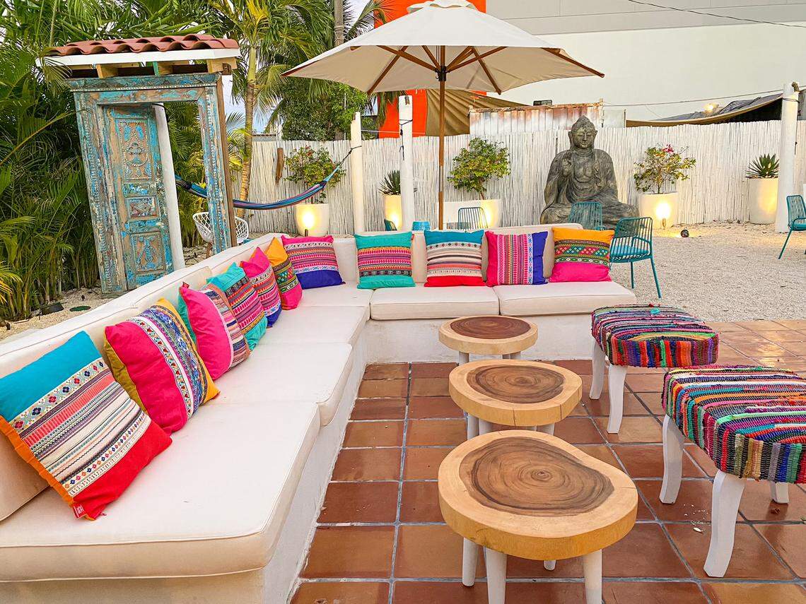 Colorful outdoor seating at Tayrona Restaurant + Patio in Allapattah.