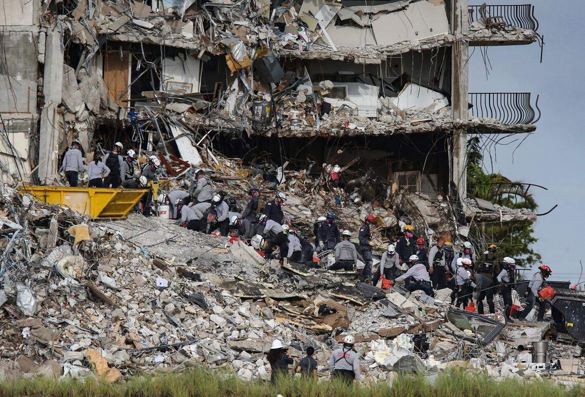 Search-and-rescue teams look for survivors at the Champlain Towers South residential condo on June 29, 2021, in Surfside.