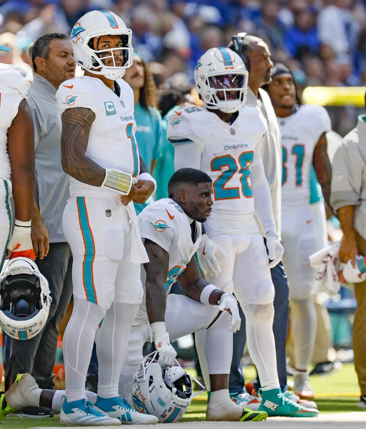 Miami Dolphins quarterback Tua Tagovailoa (1), quarterback Tua Tagovailoa (1) and running back De'Von Achane (28) watch the defense on the field in the second half during an NFL game against the Indianapolis Colts at Lucas Oil Stadium in Indianapolis on Sunday, September 7, 2025, in Indianapolis.