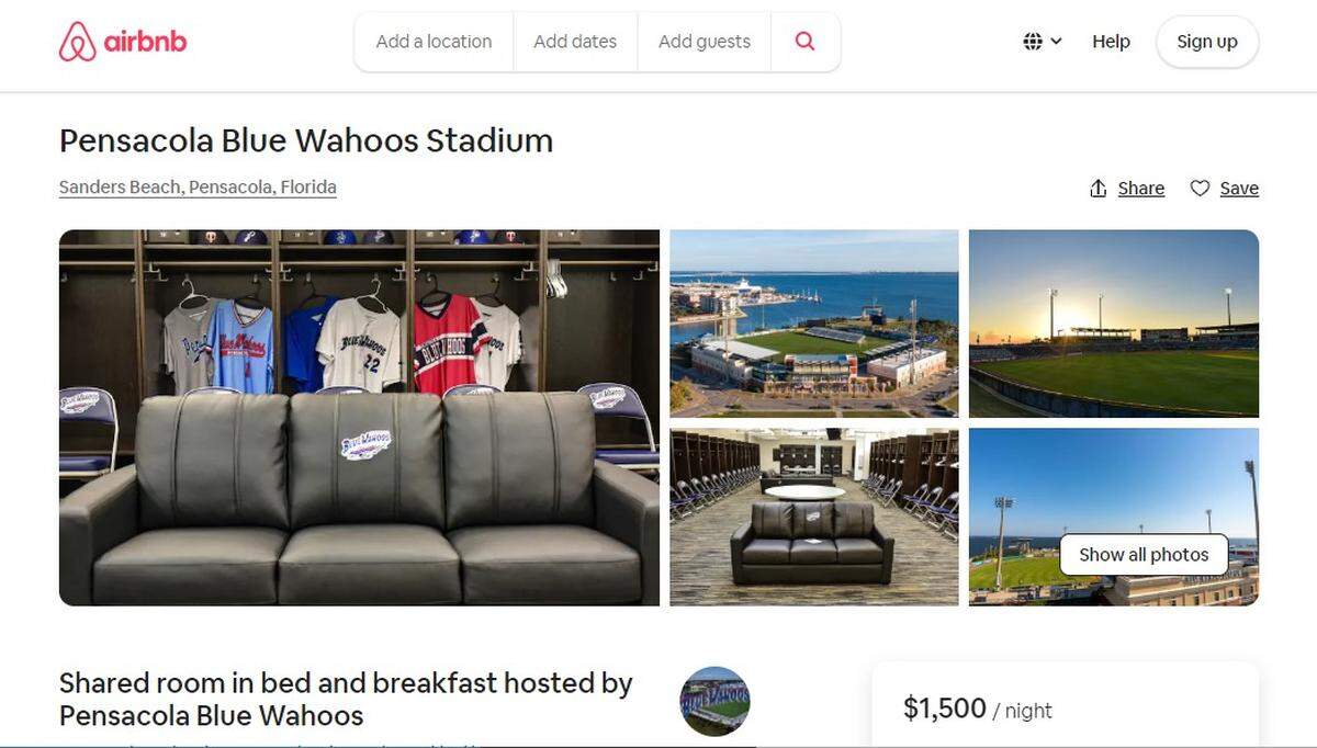 The Pensacola Blue Wahoos, the Double A affiliate of the Minnesota Twins, have put their stadium on Airbnb for a going rate of $1,500 a night.