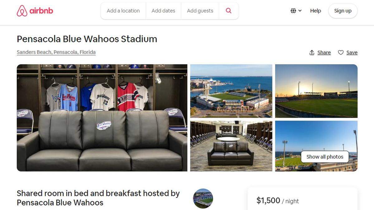 The Pensacola Blue Wahoos, the Double A affiliate of the Minnesota Twins, have put their stadium on Airbnb for a going rate of $1,500 a night.