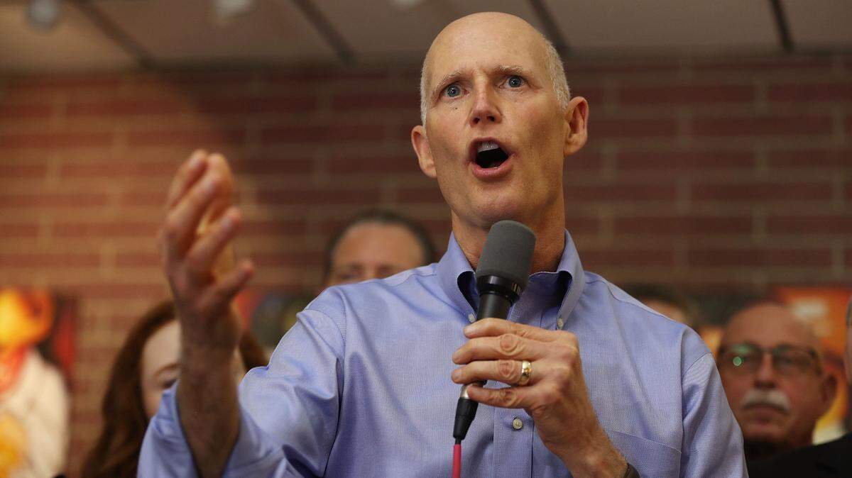 HIALEAH, FL - JUNE 14: Florida Governor Rick Scott speaks to supporters as he makes a campaign stop at Chico’s Cuban Restaurant where he received an endorsement from the Florida Police Chiefs Association on June 14, 2018 in Hialeah, Florida. Gov. Scott, a Republican, is running for a Florida Senate seat against current Democratic Senator Bill Nelson (D-FL). (Photo by Joe Raedle/Getty Images)