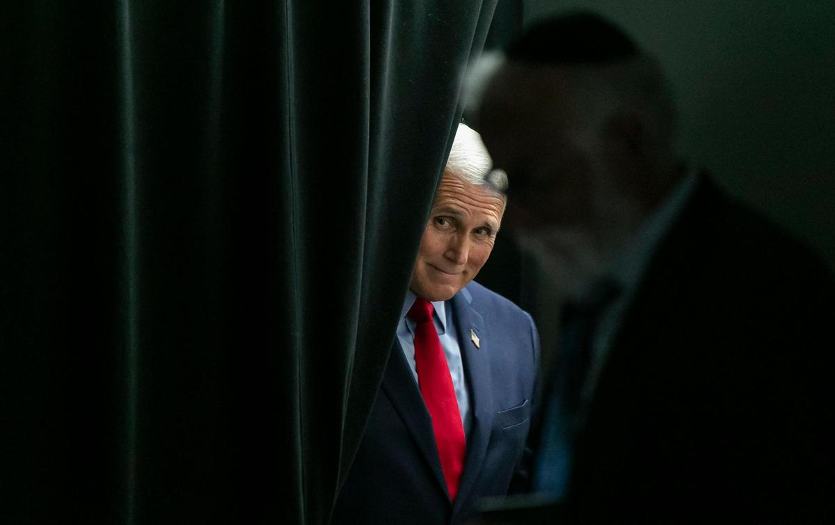 Former Vice President Mike Pence looks at the crowd of people gathered to hear him speak at the Republican National Committee’s newly opened Jewish Community Center in Boca Raton, Florida on Monday, May 2, 2022. Part of a multi-million dollar outreach effort to engage voters in targeted communities, the RNC opened its first ever Jewish Community Center in Boca Raton, Florida on Monday.