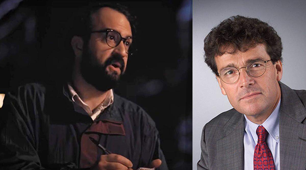 Actor Steve Zissis, left, as Tom Fiedler in a scene from “The Front Runner.” At right, the real Tom Fiedler.