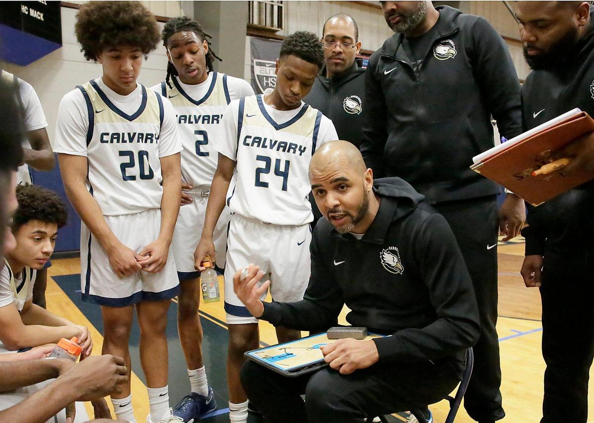 Calvary Christian head coach Cilk McSweeney takes a time-out during regional basketball semifinal playoff game against North Broward on Monday, February 17, 2025 at Calvary Christian School in Fort Lauderdake. Andrew Uloza / for Miami Herald