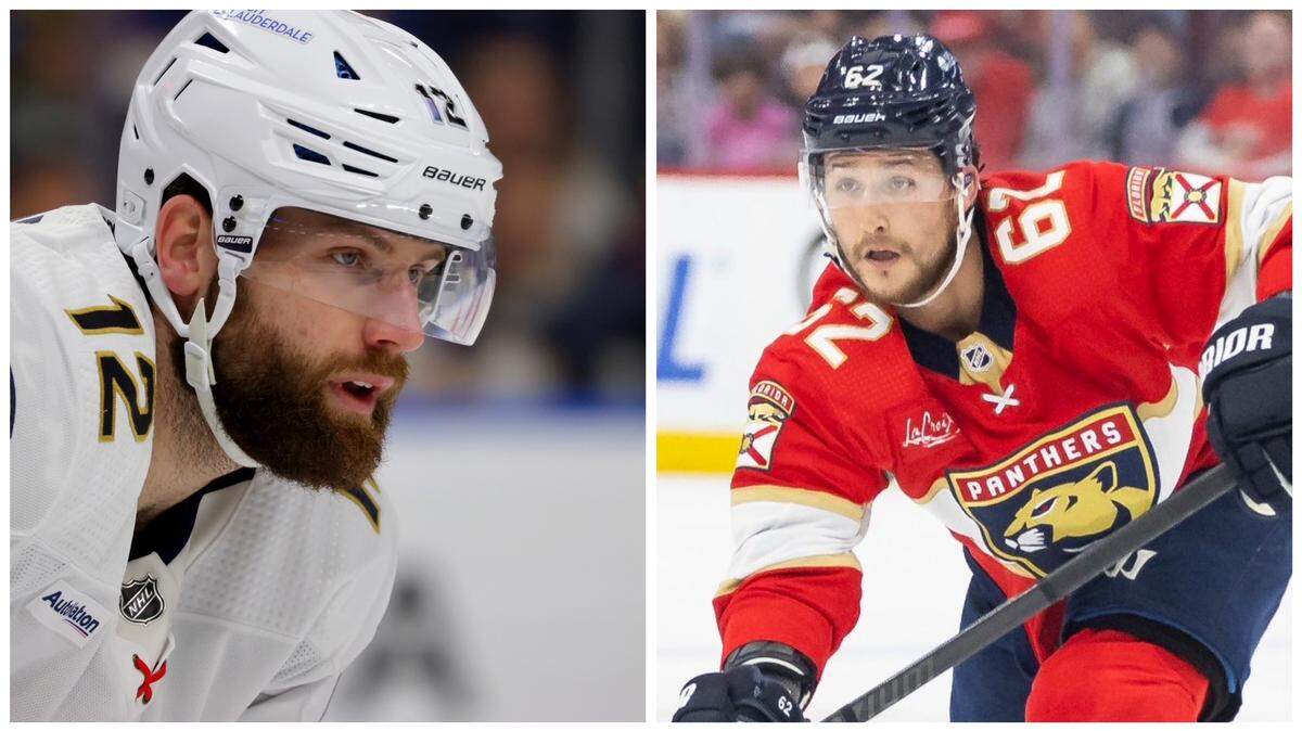 Florida Panthers forward Jonah Gadjovich (left) and defenseman Brandon Montour (right)
