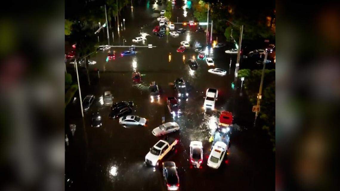 Drone footage taken in the early morning hours of Thursday, April 13, 2023, shows flooded and abandoned cars in downtown Fort Lauderdale after historic flood.