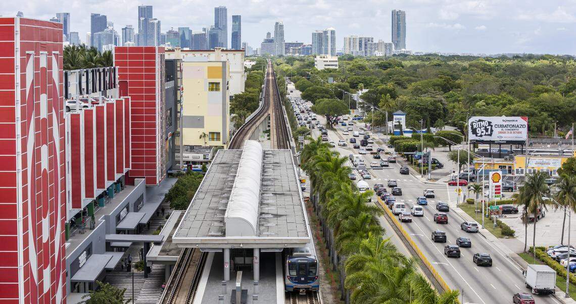 A Metrorail train arrives to the Coconut Grove station on Thursday, Aug. 7, 2025, in Miami. 