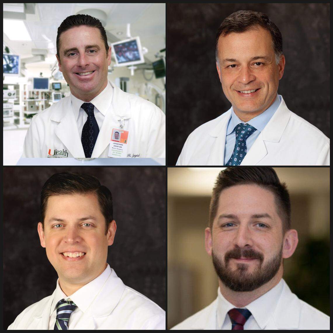 Elon Musk’s Neuralink has turned to The Miami Project to Cure Paralysis at UM’s medical school to be the second site in the U.S. to test whether its brain chip can give people who are paralyzed the ability to use their mind to wirelessly control computers, smartphones and other electronic devices. Dr. Jonathan Jagid (upper left), professor of clinical neurological surgery, neurology, orthopedics and rehabilitation, will be UM’s principal investigator for the clinical trial. UM’s co-investigators for the trial are (upper right) Dr. Allan Levi, professor and chair of neurological surgery; (lower left) Dr. Michael Ivan, associate professor of neurological surgery; and (lower right) Dr. Seth Tigchelaar, a Miller School neurosurgery resident.