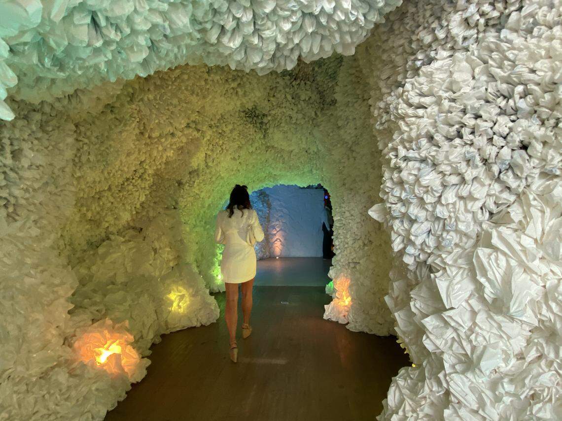 Basia Goszczynska’s “Rainbow Cave” installation at the 1 Hotel in Miami Beach during Art Week 2019. It is make of plastic bags. 