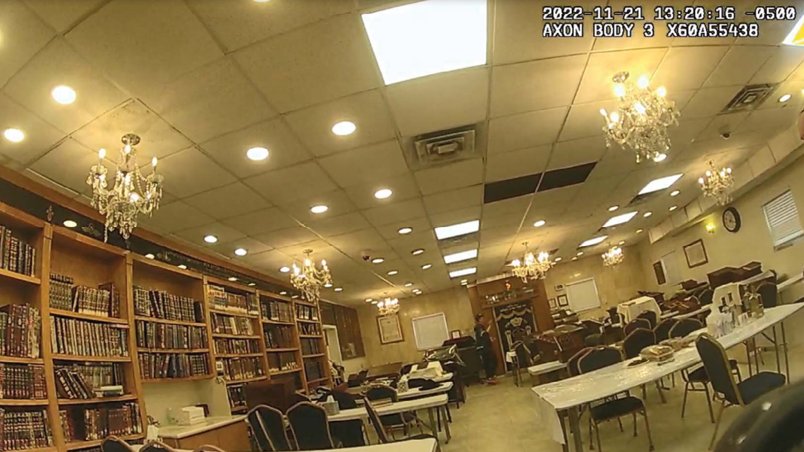 A body-worn camera image filed in court shows the inside of Congregation Bais Yeshaya D’Kerestir at 3401 Prairie Ave. in Miami Beach. The city has agreed to pay the congregation $1.3 million to settle a lawsuit.