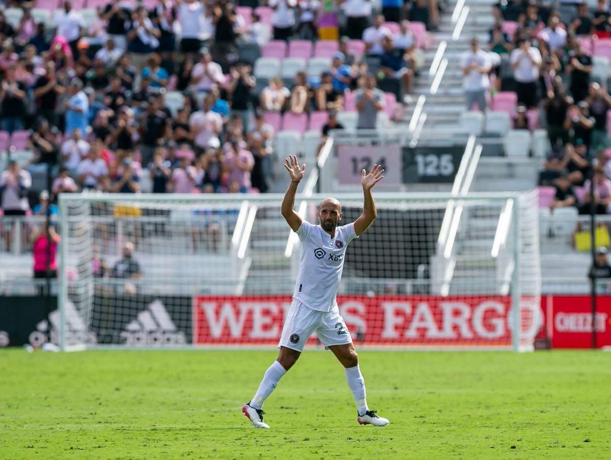 Inter Miami forward Federico Higuain (22) waves to the fans during the second half of his MLS soccer match against New York City FC at DRV PNK Stadium on Saturday, October 30, 2021, in Fort Lauderdale, Florida. This match was Federico’s last home game before retiring from Major League Soccer at the conclusion of this season.