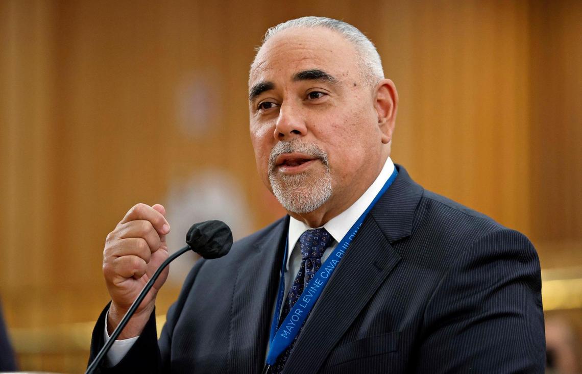 Jimmy Morales, chief operations officer for Miami-Dade County, speaks to Miami-Dade commissioners before they approved the renaming of Miami-Dade Arena as the Kaseya Center after a Miami-based software firm at the Miami-Dade commission chambers in Miami on Tuesday, April 4, 2023.