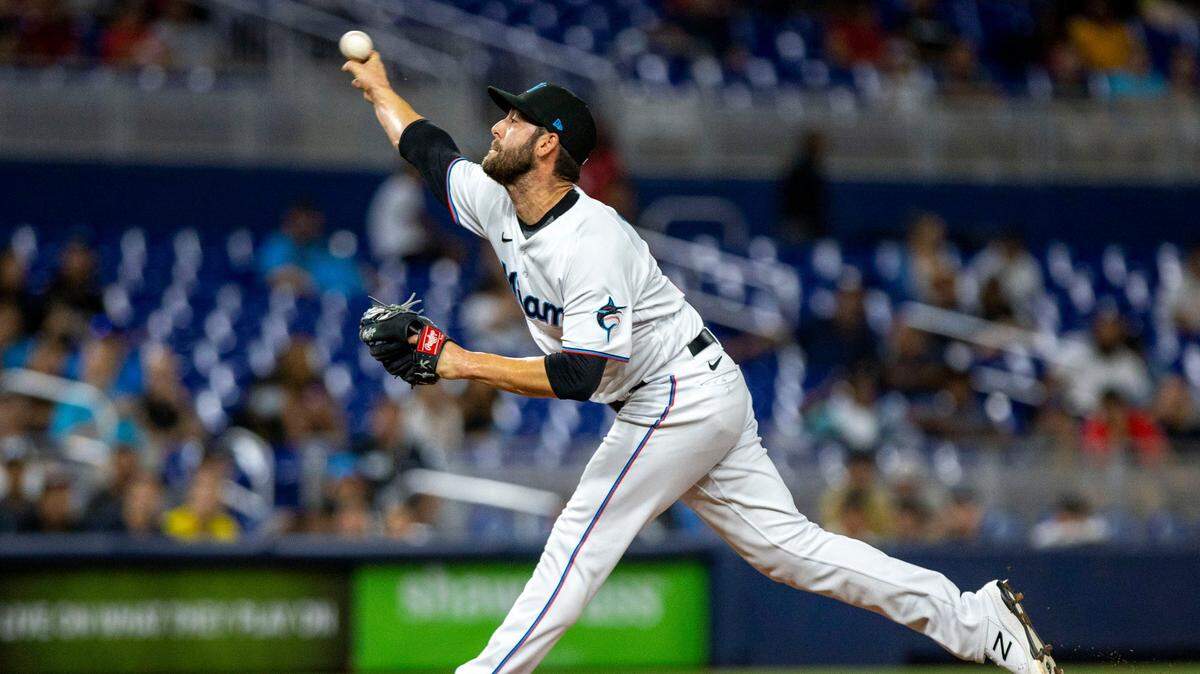 Miami Marlins pitcher Dylan Floro (36) throws the ball during the ninth inning of an MLB game against the San Diego Padres at loanDepot park in the Little Havana neighborhood of Miami, Florida, on Tuesday, August 16, 2022.