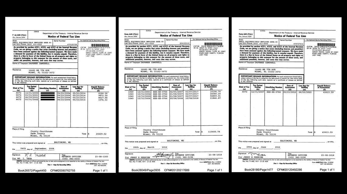 Three notices of Federal Tax Liens filed by the IRS against Daphne Campbell in 2008 and 2012.